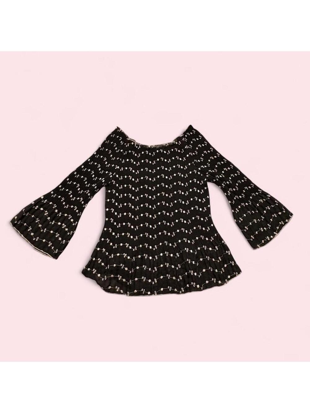 Whimsy Goth Off the Shoulder Piano black blouse with white floral print, size L
